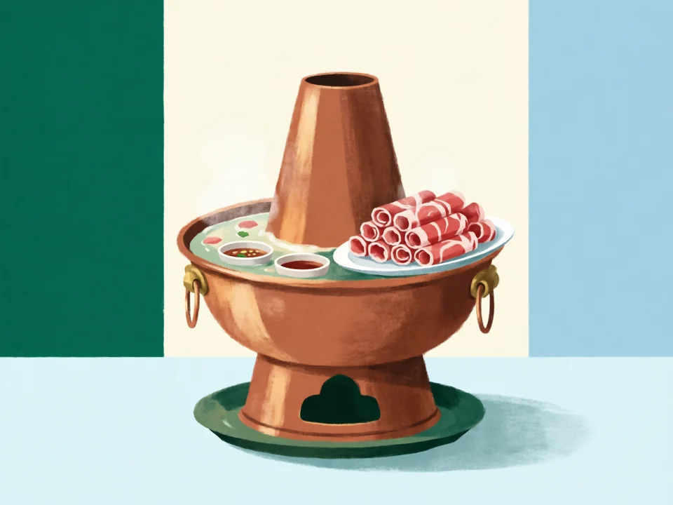 Concept illustration of Copper-pot mutton hotpot in Dongcheng: Thin-sliced lamb dipped in a charcoal copper pot — a Beijing winter classic