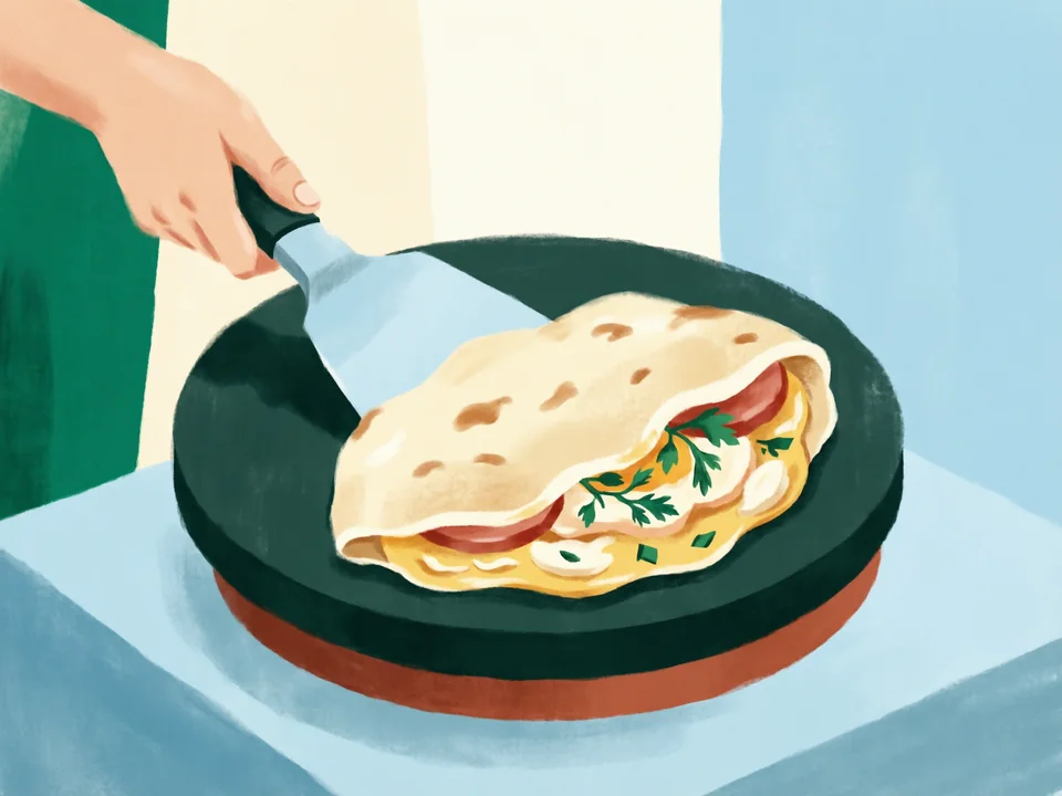 Concept illustration of Breakfast jianbing in Xicheng: A crêpe with egg and crispy cracker, made to order at a street stall