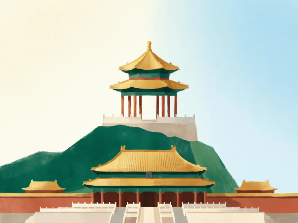 Concept illustration of Jingshan Park view in Xicheng: A hilltop pavilion with a view straight over the Forbidden City