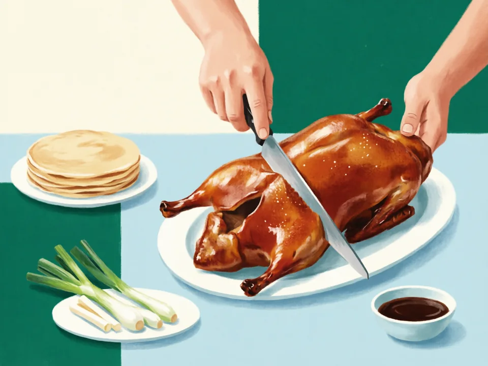 Concept illustration of Peking duck dinner in Dongcheng: Crisp roast duck carved at the table and wrapped in thin pancakes