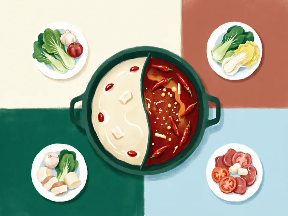 Concept illustration of Sichuan hotpot in Jinjiang: Bubbling chilli-and-pepper broth — ask for a split pot if you want mild