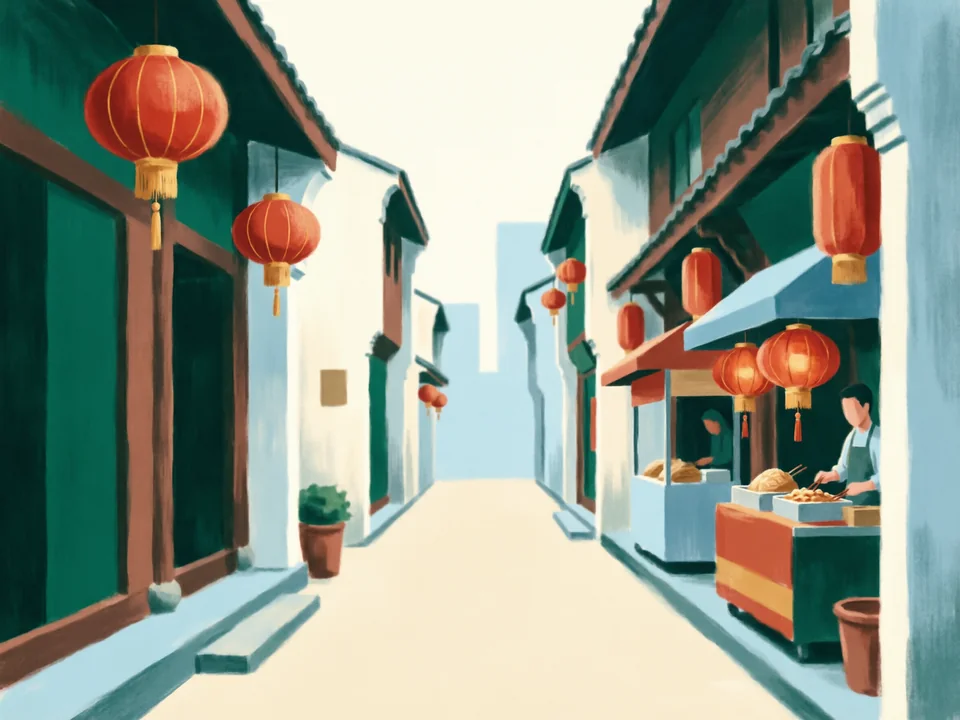 Concept illustration of Jinli ancient street in Wuhou: A lantern-lit old-style street beside Wuhou Shrine