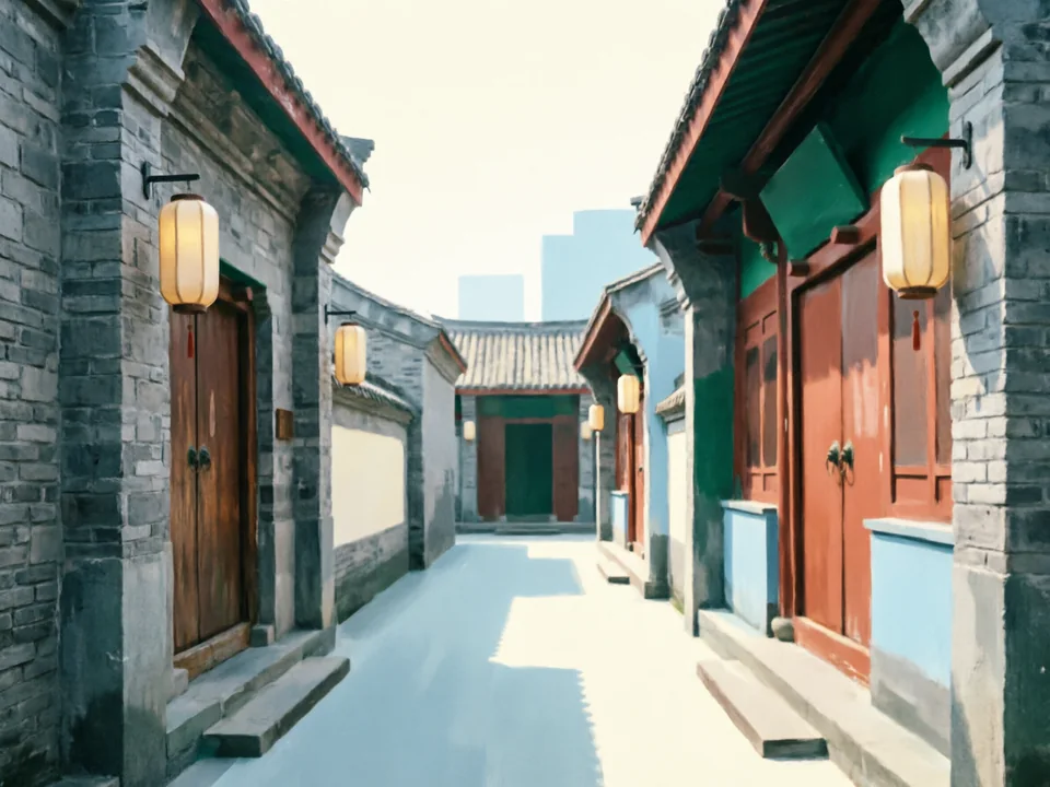 Concept illustration of Kuanzhai Alley in Qingyang: Restored Qing-era lanes with courtyard shops and teahouses