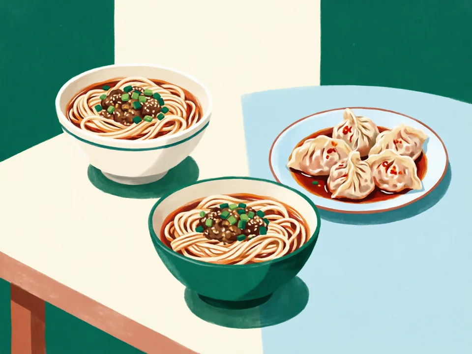 Concept illustration of A Chengdu snack stop in Jinjiang: Dan dan noodles, dumplings in chilli oil and other small bites