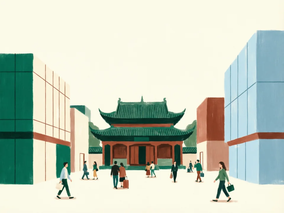 Concept illustration of Taikoo Li and Chunxi Road in Jinjiang: Modern shopping streets around an old temple