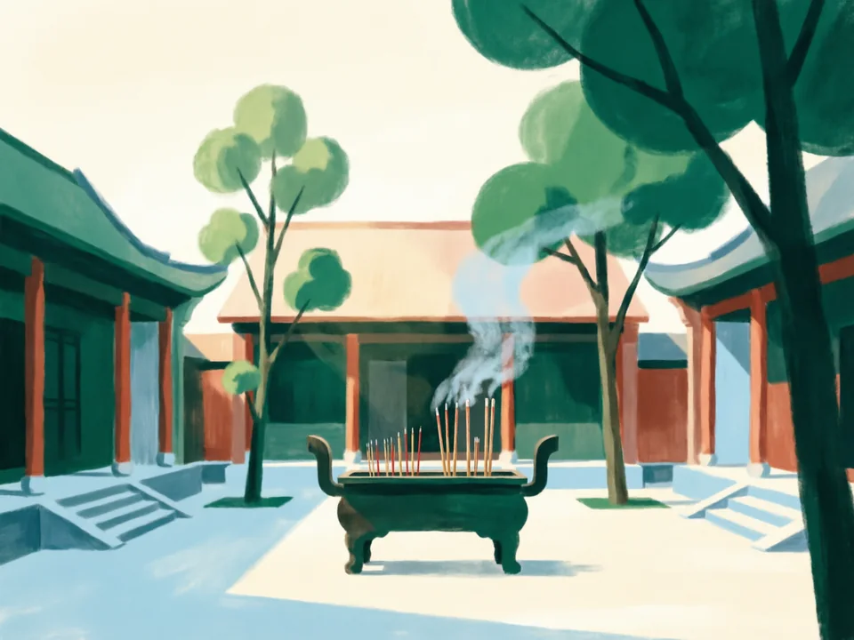 Concept illustration of Wenshu Monastery in Qingyang: A working Buddhist monastery with a peaceful vegetarian teahouse