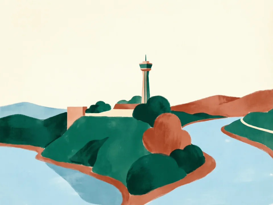 Concept illustration of Eling Park in Yuzhong: A hilltop park with a tower and views over both rivers