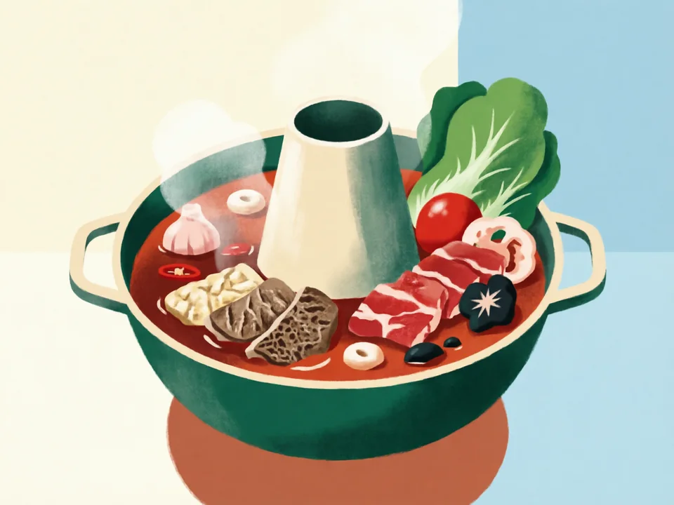 Concept illustration of Chongqing hotpot in Yuzhong: Numbing, fiery beef-tallow hotpot — ask for less spice if needed