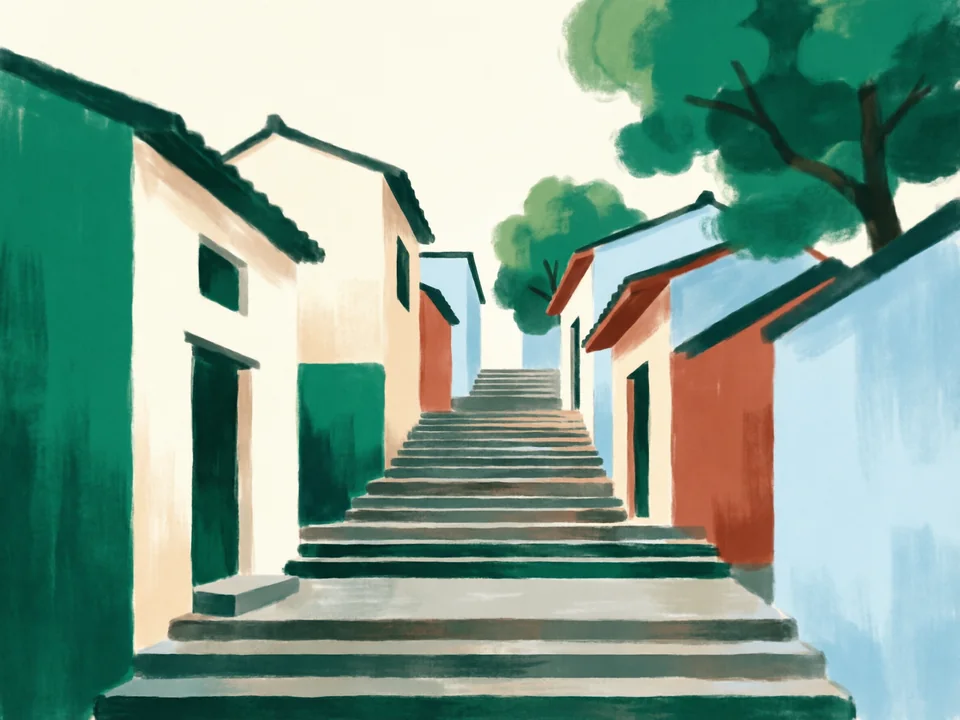 Concept illustration of Shancheng Lane in Yuzhong: Stairways and old houses on the steep old-city slope