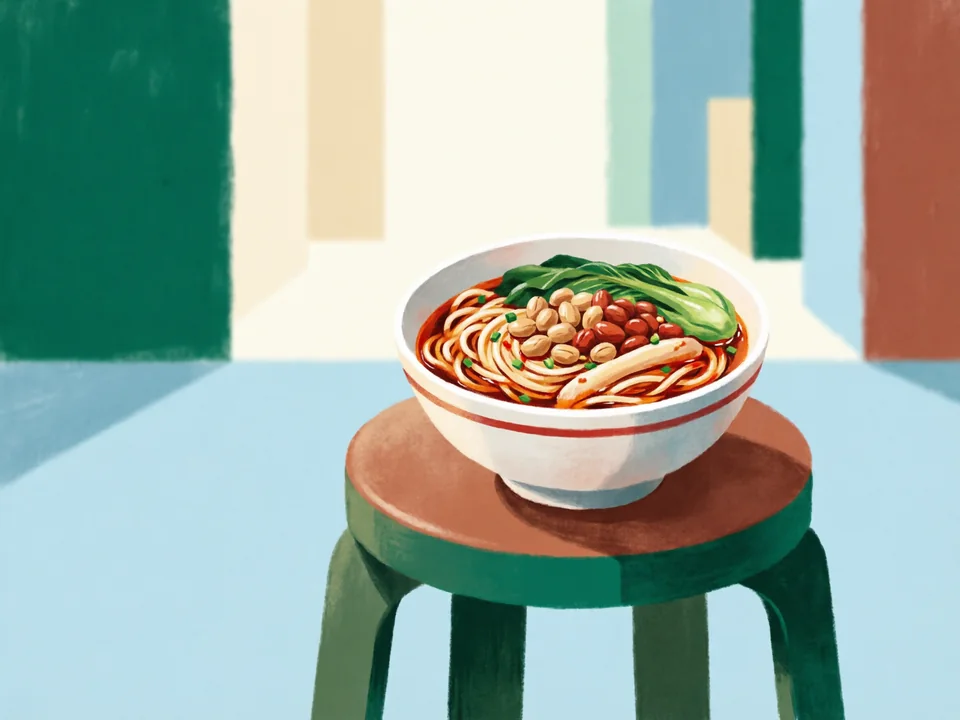 Concept illustration of Chongqing noodles (xiaomian) in Yuzhong: Spicy breakfast noodles from a neighbourhood stall