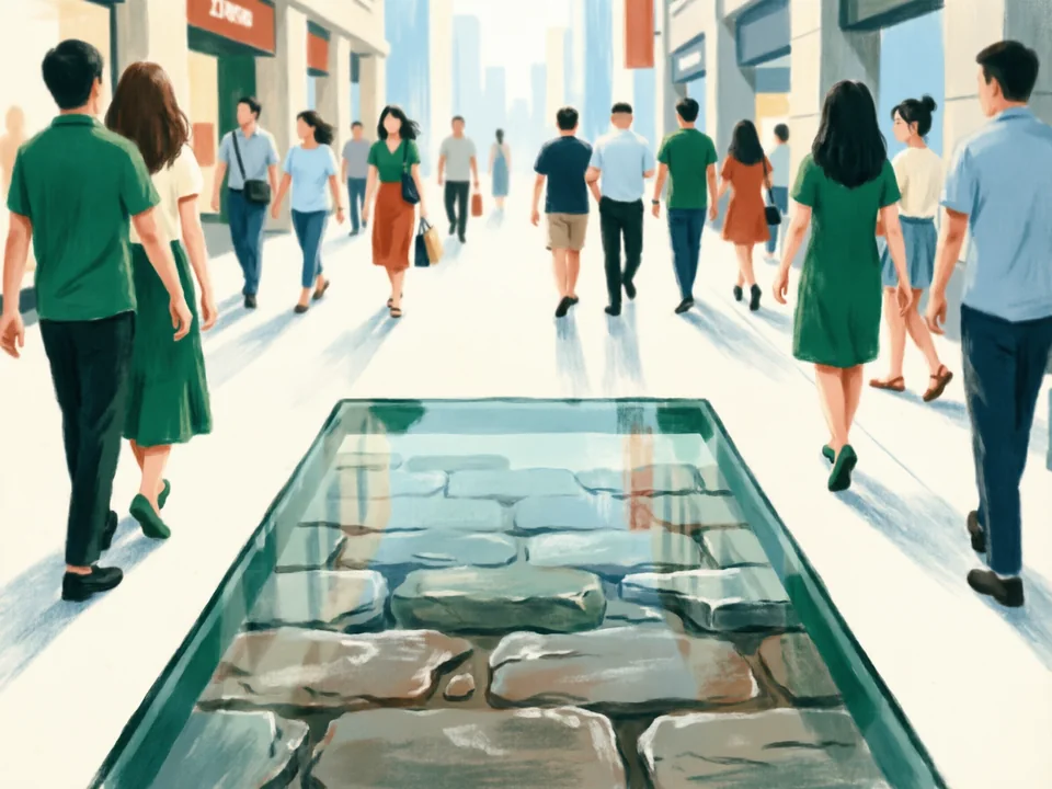 Concept illustration of Beijing Road pedestrian street in Yuexiu: A busy shopping street where glass panels show old road layers beneath