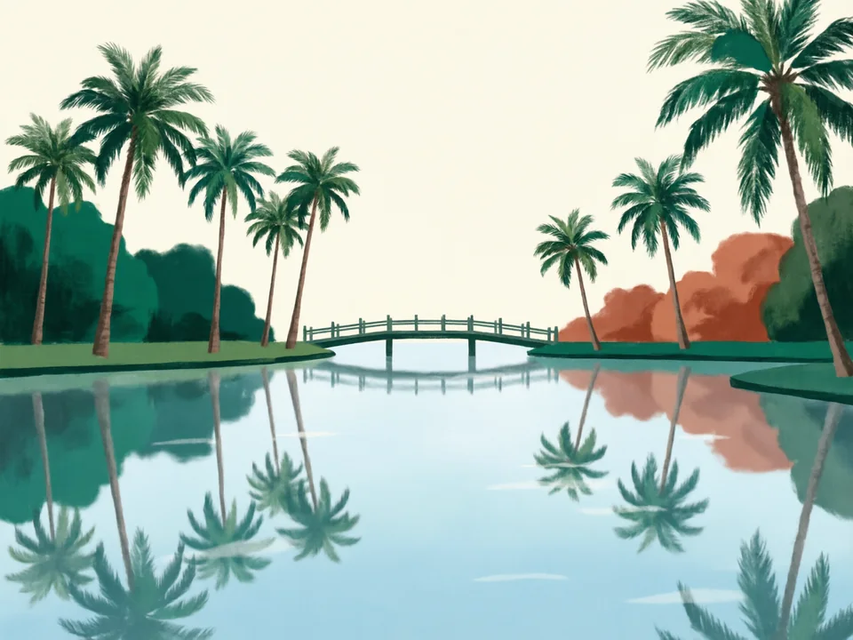 Concept illustration of Liuhua Lake Park in Yuexiu: A lakeside park with palms and a relaxed local feel