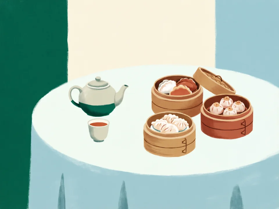 Concept illustration of Cantonese morning tea in Liwan: Tea and a few shared dim sum dishes — Guangzhou’s classic way to start the day