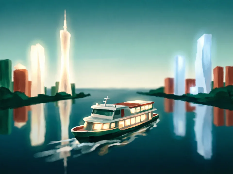 Concept illustration of Pearl River night cruise in Yuexiu: See the lit skyline from the water; confirm pier and departure times first