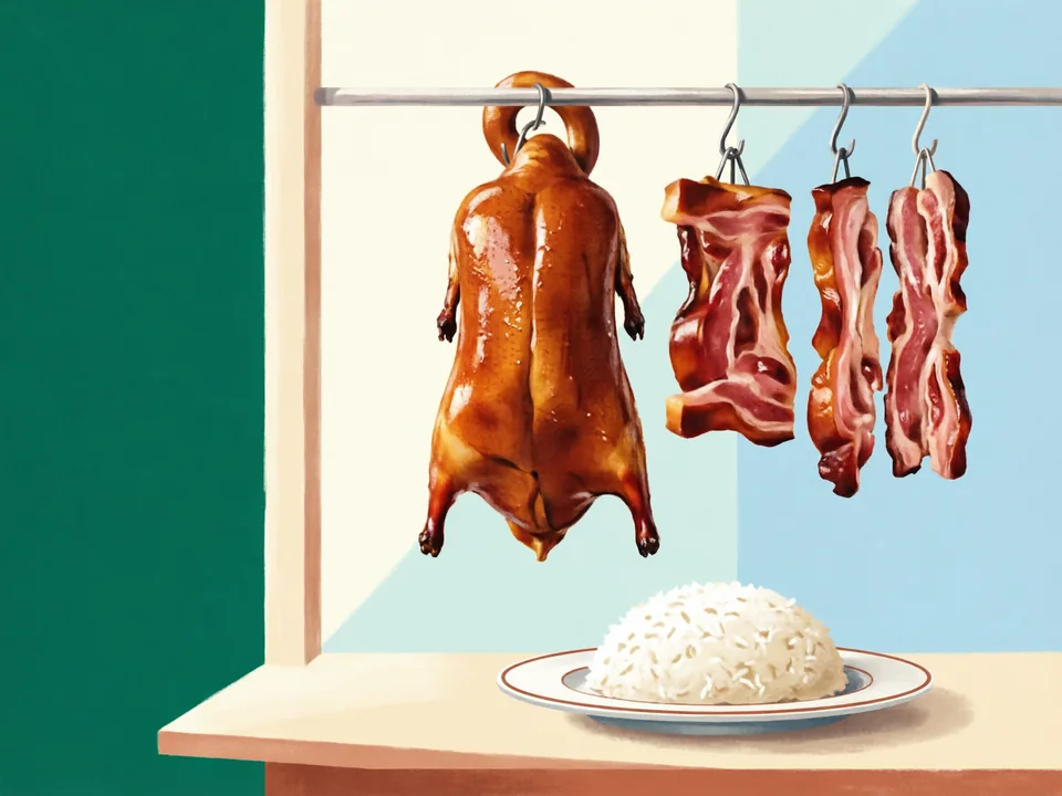 Concept illustration of Cantonese roast meats in Yuexiu: Roast goose or char siu with rice makes a classic quick lunch