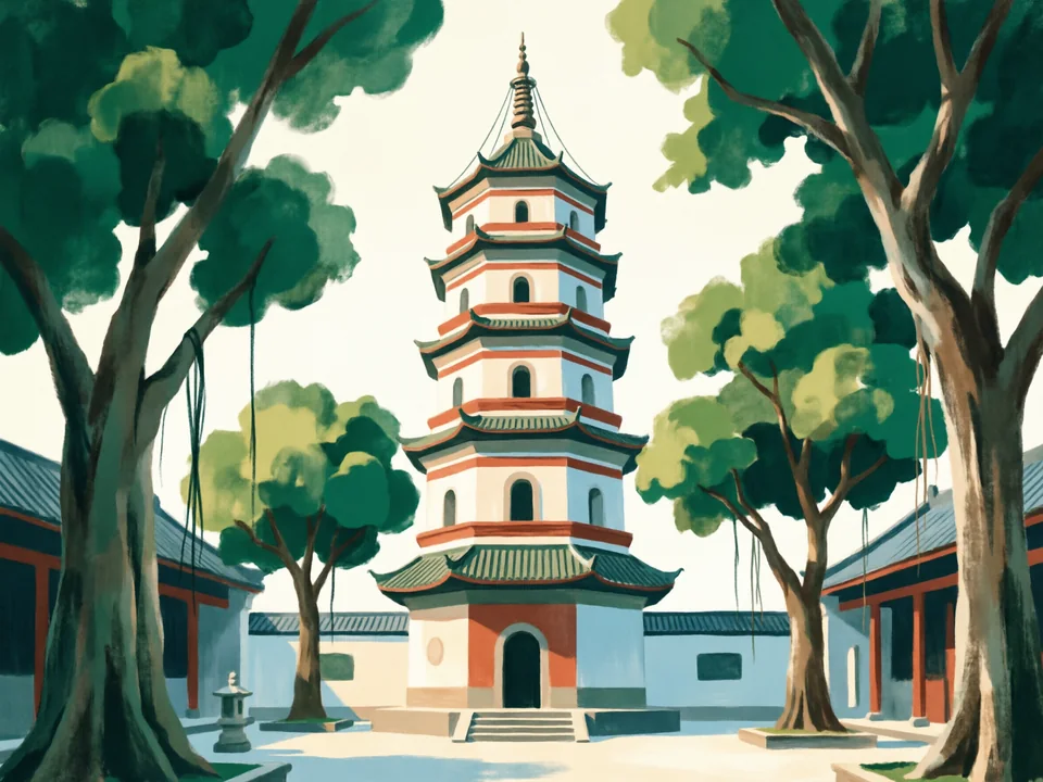 Concept illustration of Temple of the Six Banyan Trees in Yuexiu: A historic Buddhist temple with a tall decorated pagoda in the old city