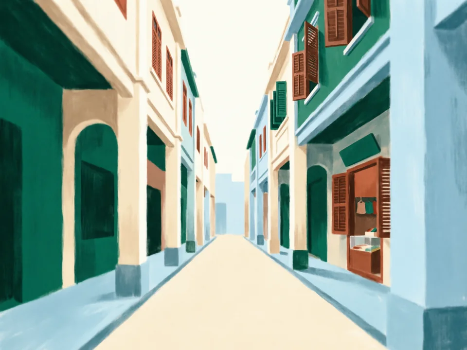 Concept illustration of Yongqingfang in Liwan: Restored Xiguan lanes with arcade houses, crafts and cafés