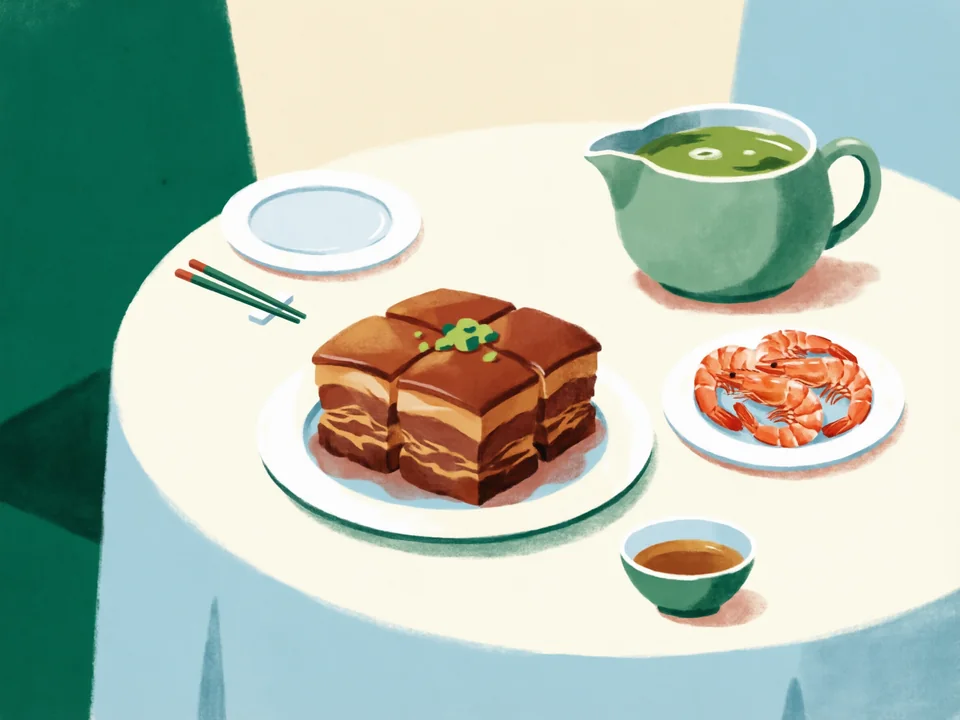 Concept illustration of Hangzhou dishes in Shangcheng: Light local dishes such as Longjing shrimp and Dongpo pork