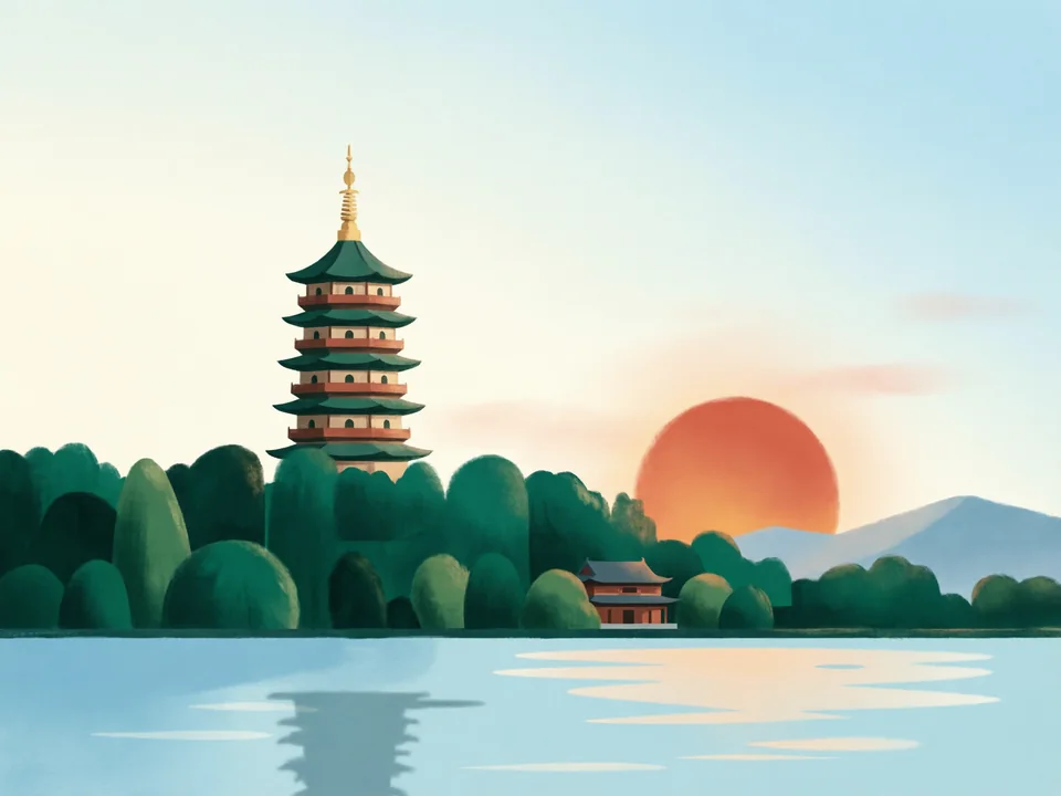 Concept illustration of Leifeng Pagoda in Xihu: A rebuilt pagoda with views over West Lake at sunset