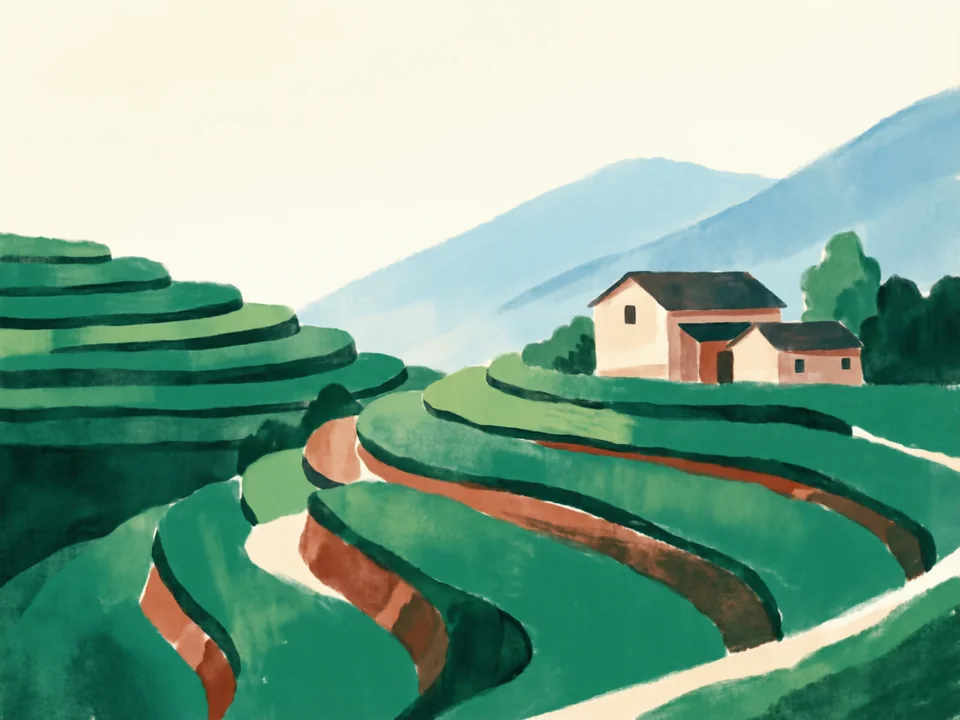 Concept illustration of Longjing tea village in Xihu: Terraced tea fields in the hills above West Lake