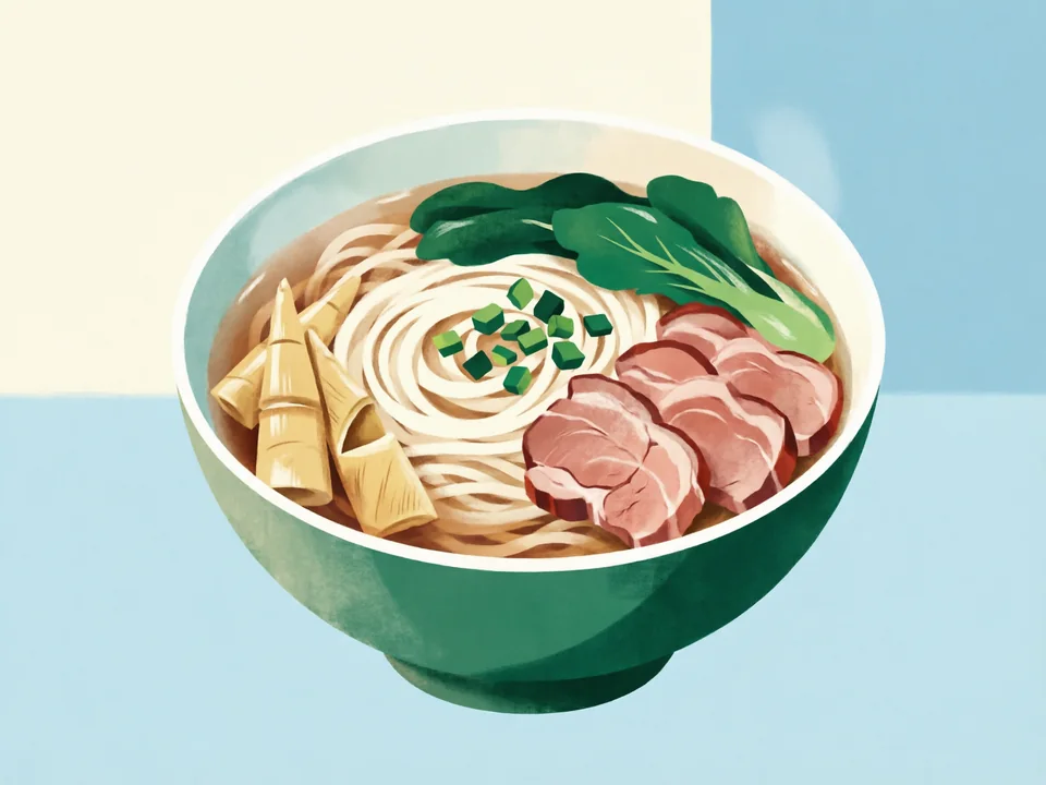 Concept illustration of Pian’erchuan noodles in Shangcheng: A Hangzhou noodle soup with pork, pickled greens and bamboo shoots