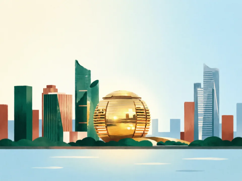 Concept illustration of Qianjiang New City skyline in Shangcheng: The riverside business district with an evening light show