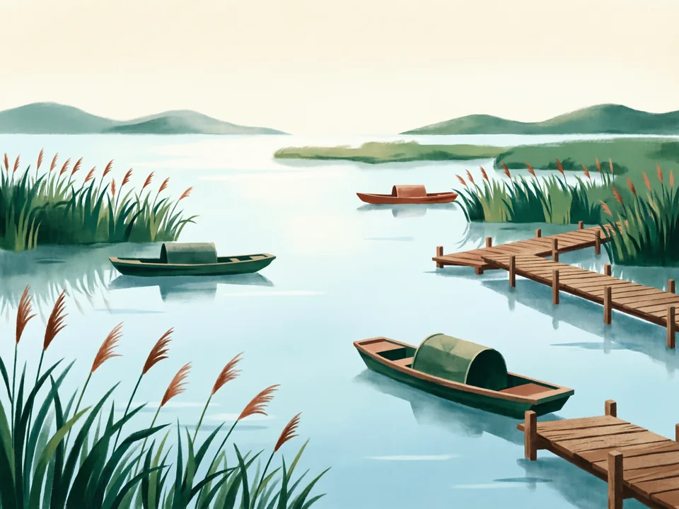 Concept illustration of Xixi Wetland in Xihu: Waterways and boardwalks through a city wetland