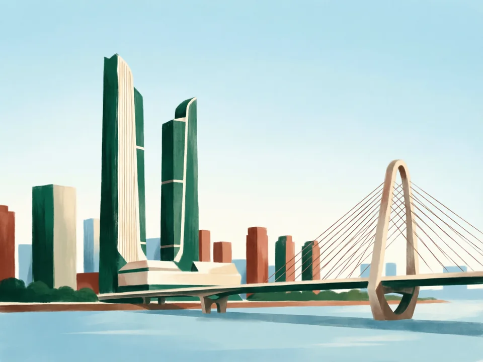 Concept illustration of Hexi new town skyline in Jianye: The modern riverside district built around the Youth Olympic venues