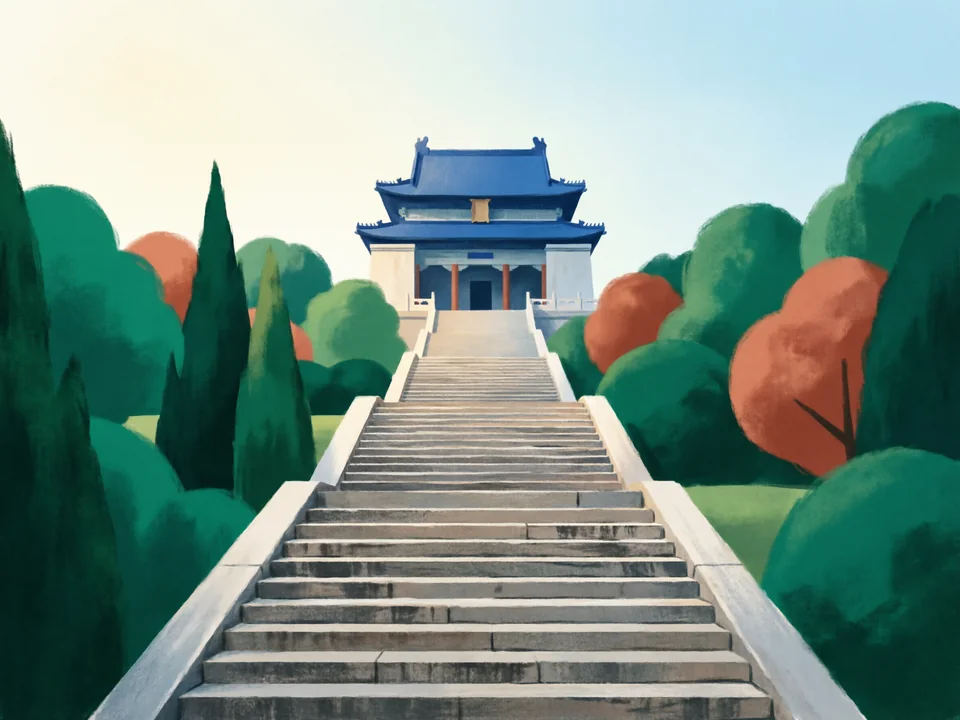 Concept illustration of Sun Yat-sen Mausoleum in Xuanwu: Sun Yat-sen’s tomb at the top of a long stairway on Purple Mountain
