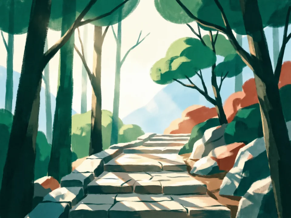 Concept illustration of Purple Mountain trails in Xuanwu: Forest paths and historic sites on the city’s green mountain