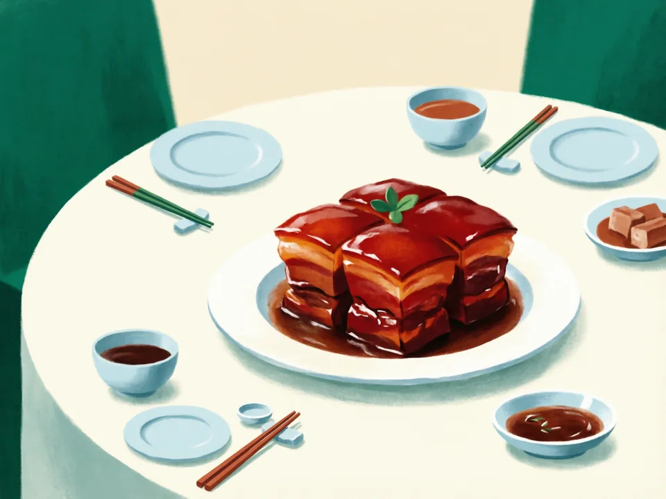 Concept illustration of A Shanghainese dinner in Xuhui: Sweet-savoury local dishes such as braised pork; ask what is popular