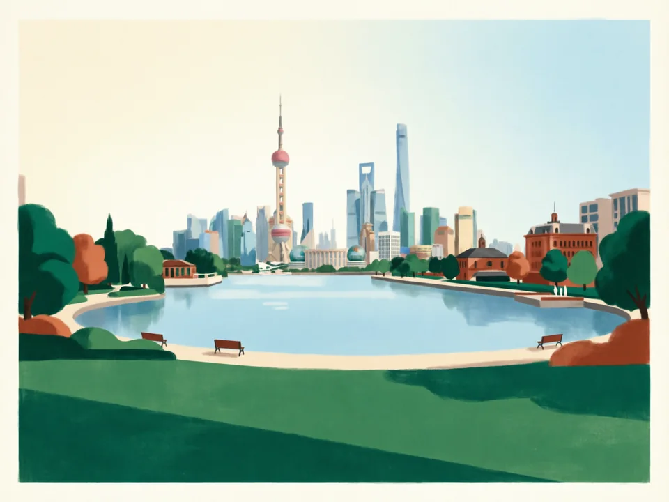 Concept illustration of Century Park in Pudong: Pudong’s largest park, with lakes and lawns
