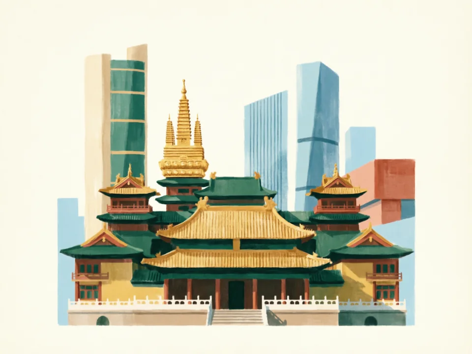 Concept illustration of Jing’an Temple in Jing’an: A golden-roofed Buddhist temple among the shopping towers of West Nanjing Road