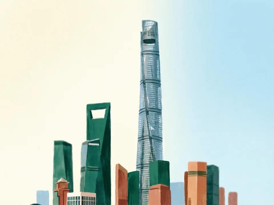 Concept illustration of Shanghai Tower views in Pudong: The twisting supertower of Lujiazui and its high observation deck