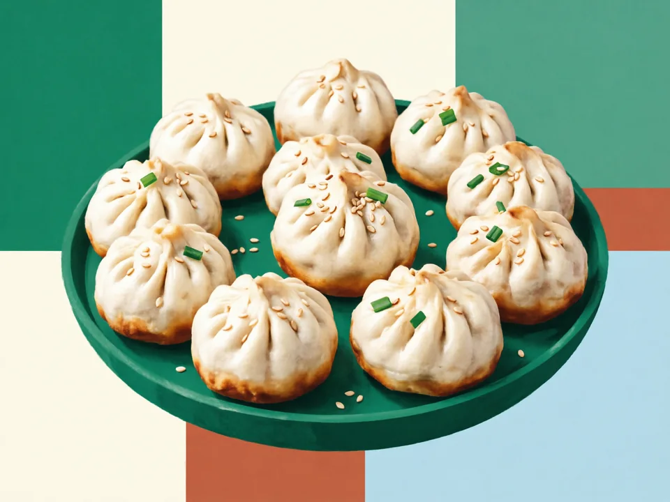 Concept illustration of Pan-fried buns (shengjian) in Jing’an: Crispy-bottomed pork buns, a classic Shanghai breakfast