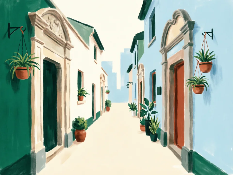 Concept illustration of Tianzifang lanes in Huangpu: Shikumen lane houses turned into small shops and studios