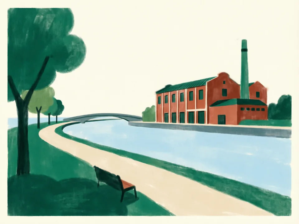 Concept illustration of Xuhui riverside (West Bund) in Xuhui: A long riverside park with galleries in former industrial buildings