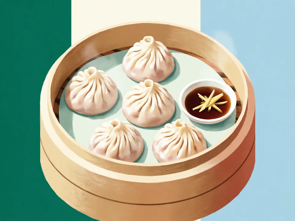 Concept illustration of Soup dumplings (xiaolongbao) in Huangpu: Shanghai’s famous soup dumplings — bite gently, they are hot inside
