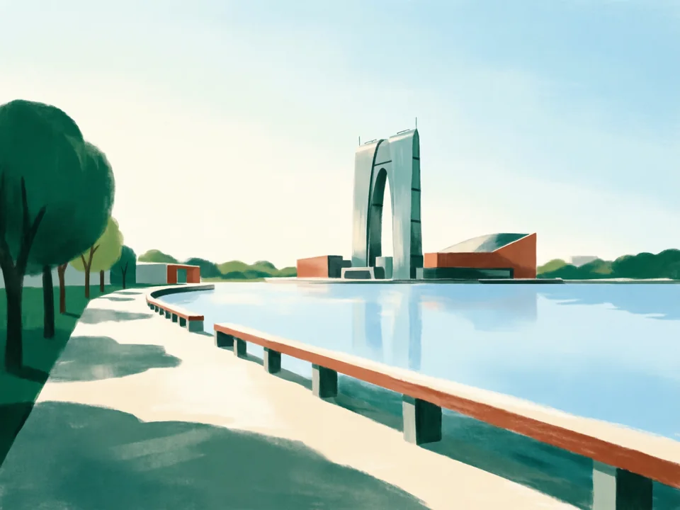Concept illustration of Jinji Lake in SIP: A modern lakeside promenade in the industrial park district