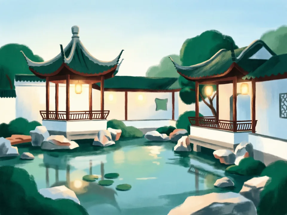 Concept illustration of Master of the Nets Garden in Gusu: A small, perfect garden; its night garden has short performances