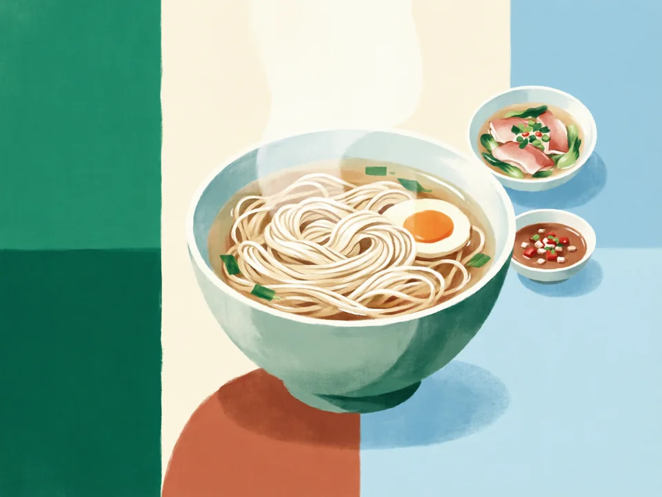 Concept illustration of Suzhou noodles in Gusu: Fine noodles in clear broth with a choice of toppings