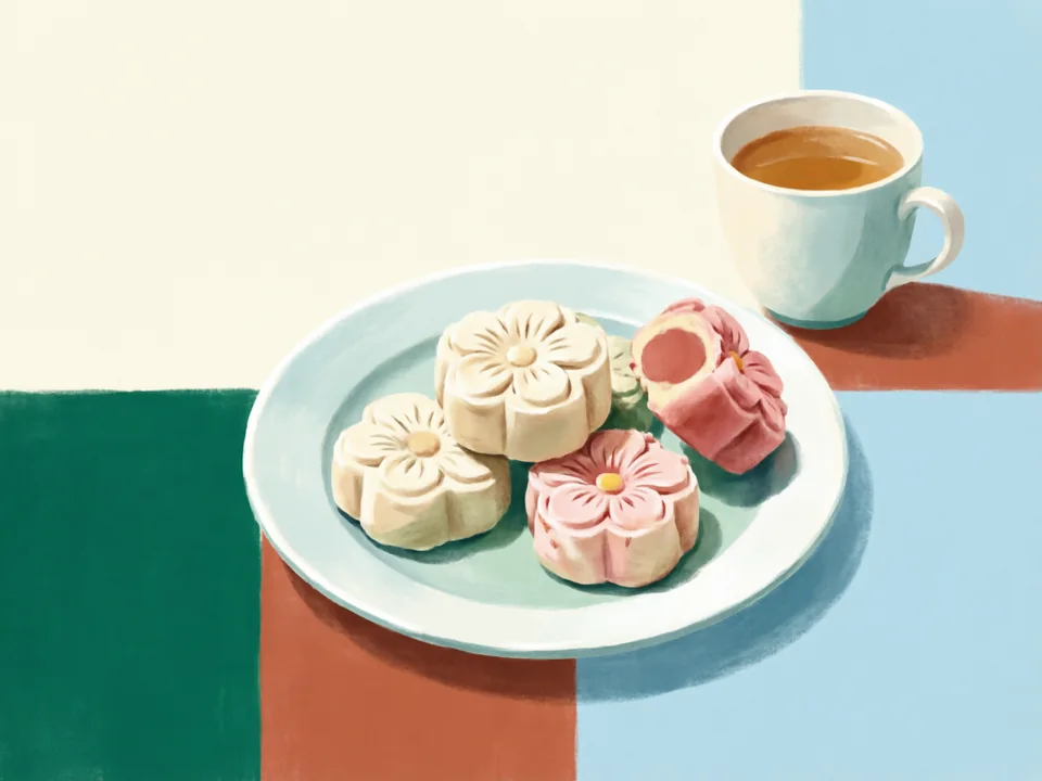 Concept illustration of Suzhou pastries and tea in Gusu: Delicate sweet and savoury pastries for an afternoon break
