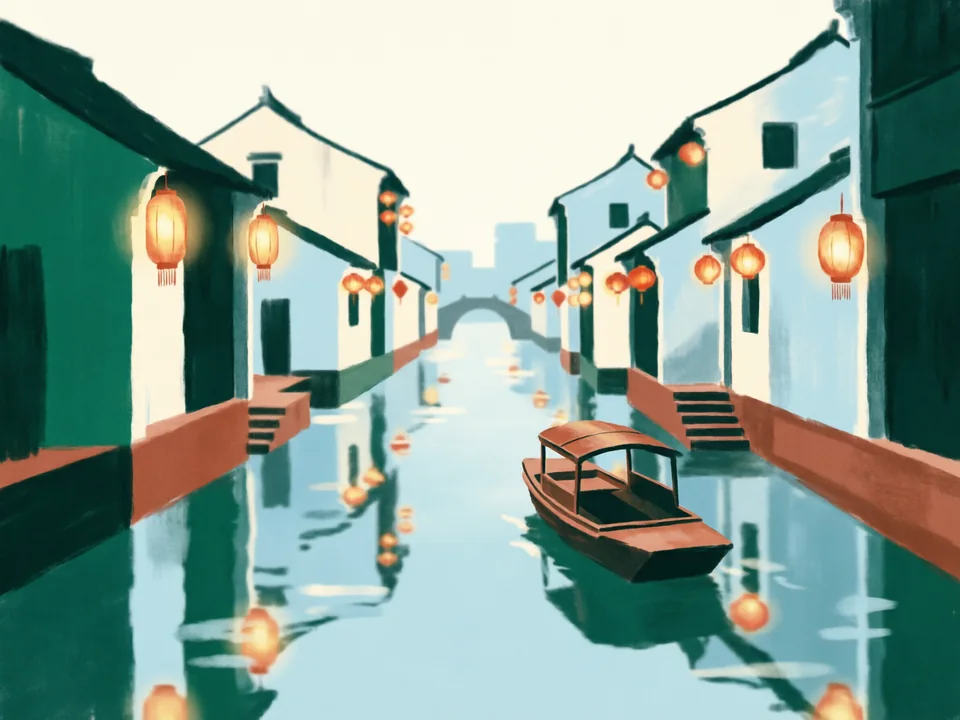 Concept illustration of Shantang Street in Gusu: An old canal street, pretty with lanterns in the evening