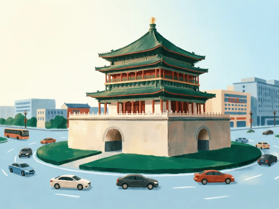 Concept illustration of Bell and Drum Towers in Beilin: The ornate towers at the centre of the old city, lit up at night