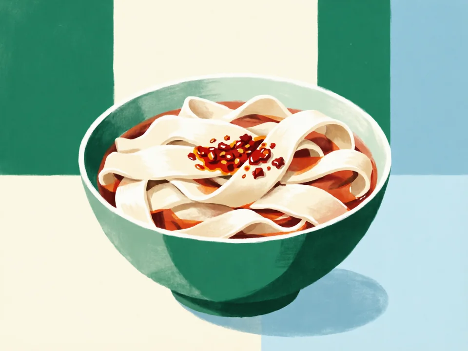 Concept illustration of Biangbiang noodles in Beilin: Wide hand-pulled noodles with chilli oil — a Shaanxi staple