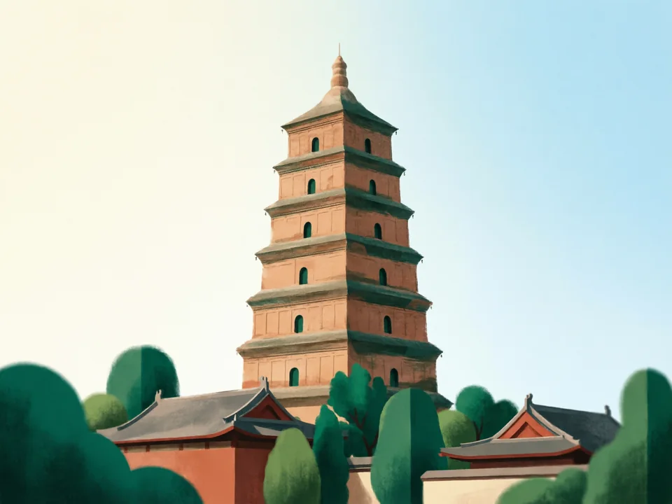 Concept illustration of Big Wild Goose Pagoda in Yanta: A Tang-dynasty pagoda inside Da Ci’en Temple