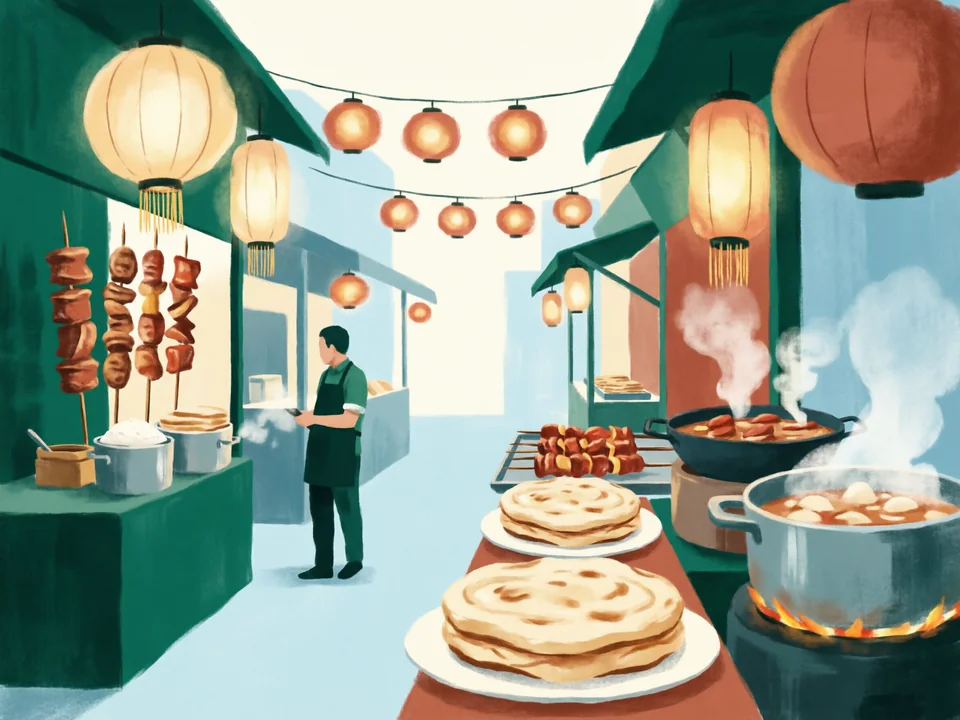 Concept illustration of Muslim Quarter food street in Lianhu: Busy lanes of halal street food behind the Drum Tower