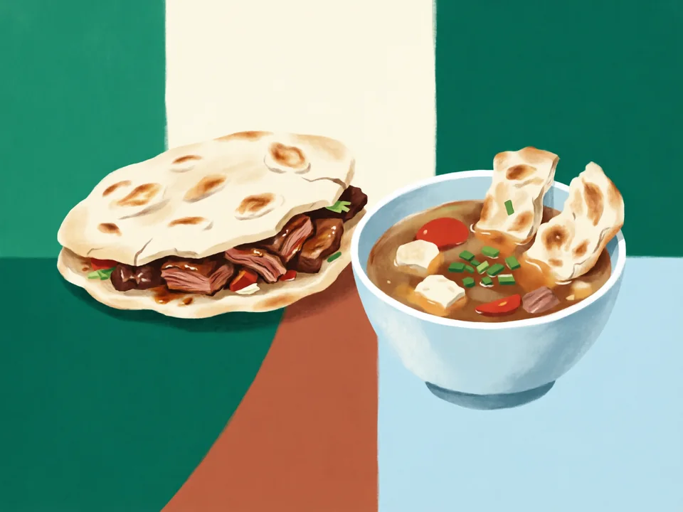 Concept illustration of Roujiamo and paomo in Lianhu: Braised meat in flatbread, or bread crumbled into mutton soup
