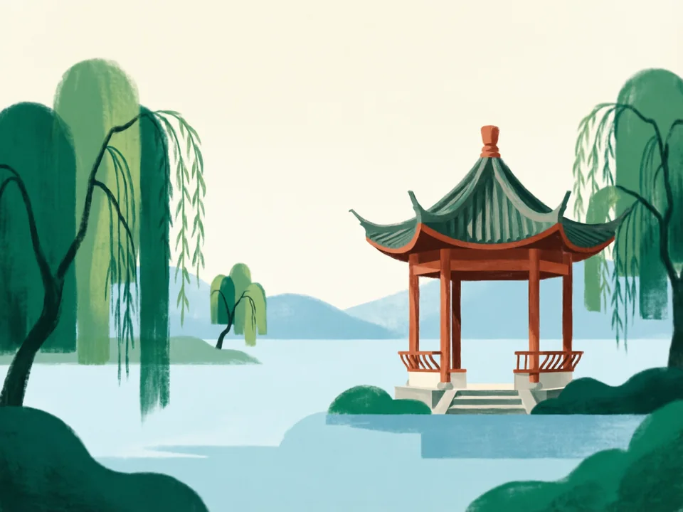 Concept illustration of Tang Paradise in Yanta: A Tang-style garden park around a lake