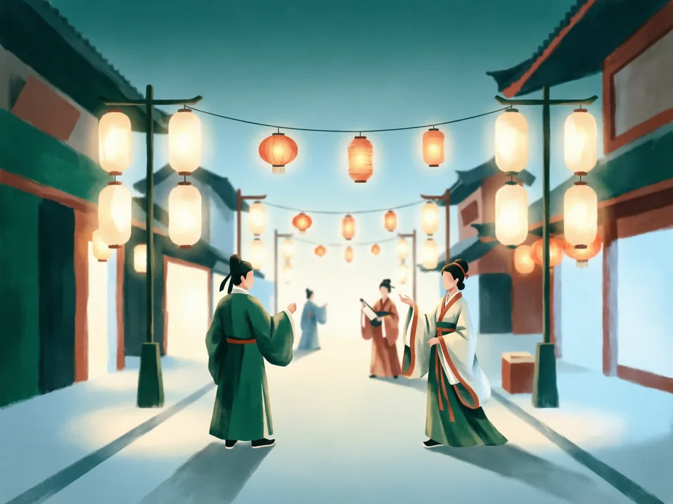 Concept illustration of Great Tang Everbright City (evening) in Yanta: A lit-up Tang-style boulevard with street performances